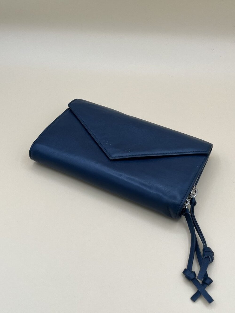 Balenciaga Navy Blue Leather Envelope Wallet With Multiple Compartments & Zip Cl